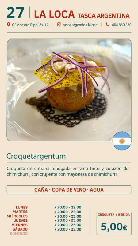 Menu flyer for La Loca Tasca Argentina showing a plated croqueta argentum with purple onion garnish and decorative sauce, plus an Argentine flag badge at the side.