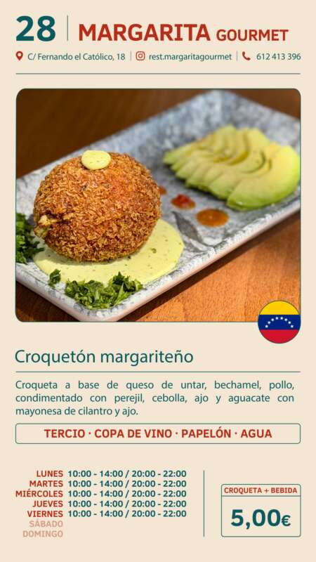 Menu card for Margarita Gourmet featuring croquetón margariteño with green sauce and avocado slices; small Venezuelan flag and €5 price.