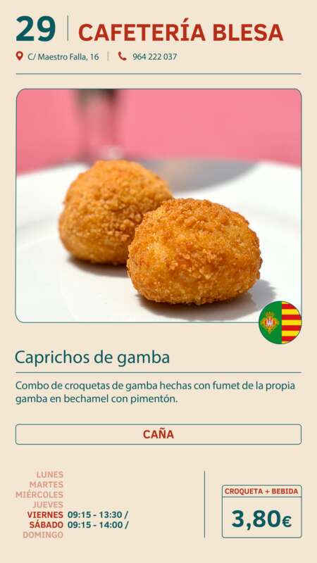 Menu card for Cafetería Blesa showing two fried shrimp croquettes (Caprichos de gamba) with a Spanish flag badge and price 3,80€ on the card edge of the image.