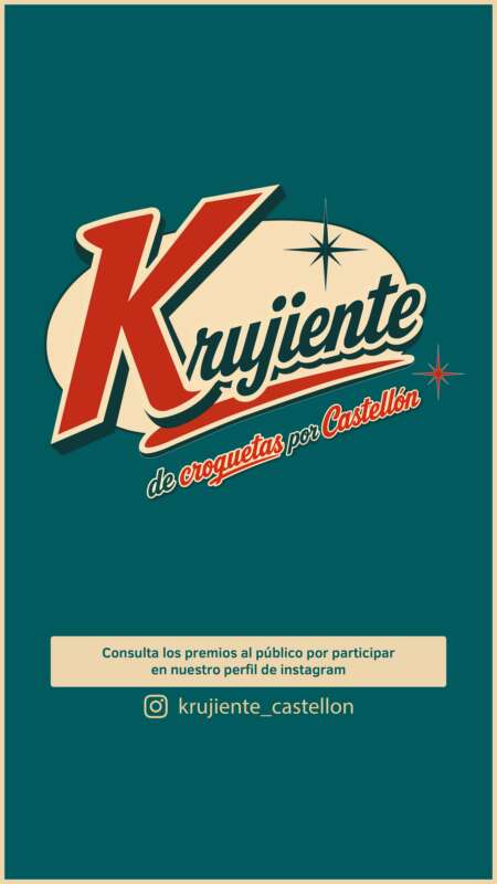 Retro style Krujiente croquetas por Castellón logo on teal background with star accents; includes Instagram handle krujiente_castellon.