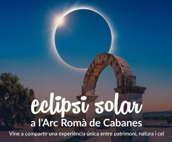 Promo image for a solar eclipse at Arc Romà de Cabanes, with a ring eclipse over an ancient arch at dusk.