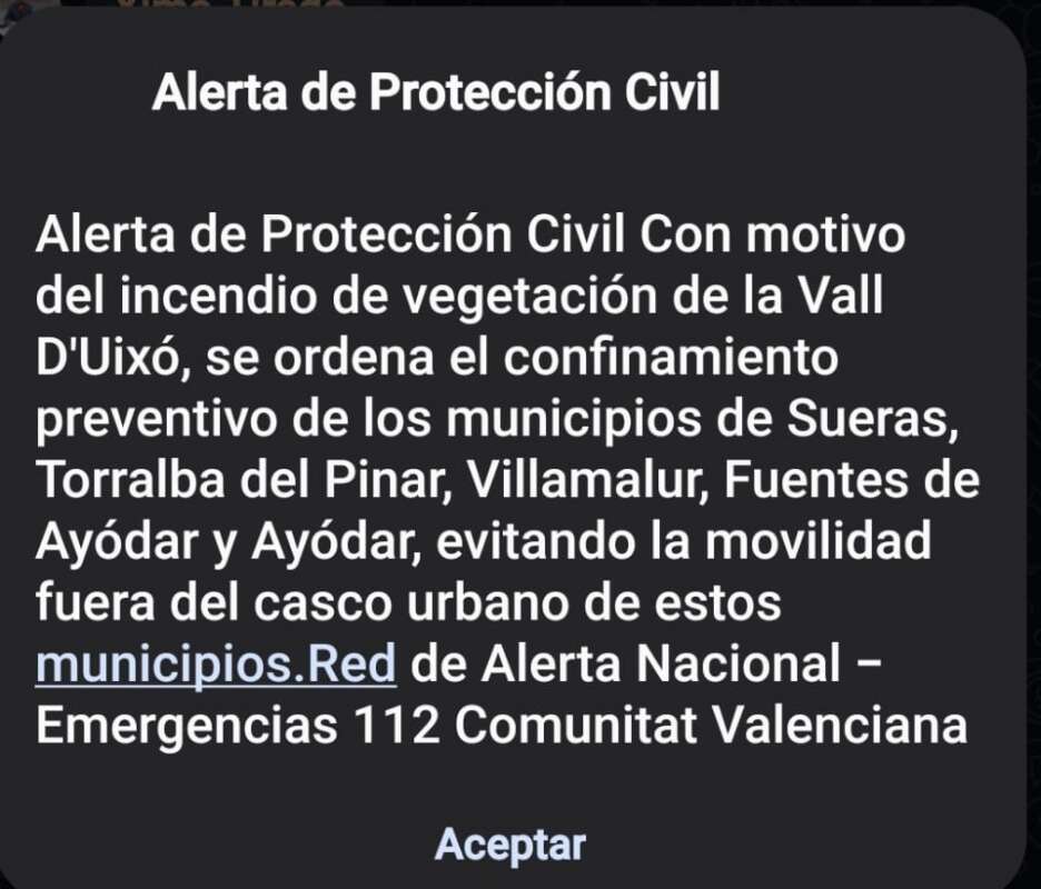 Alerta en Sueras por el incendio de la Vall d'Uixó 2026