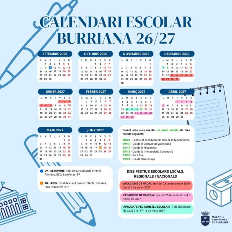 School calendar for Burriana 2026–27 on a blue background, showing monthly mini calendars and holiday notes.