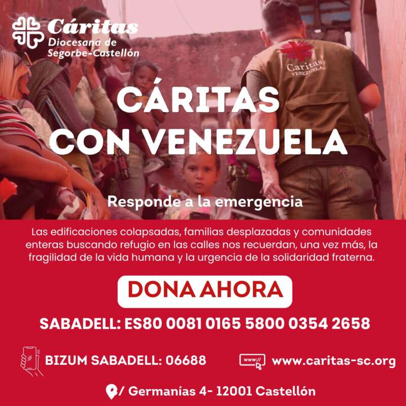 Cartel de Cáritas Venezuela pidiendo ayuda humanitaria, con voluntario y familias y el texto 'DONA AHORA'.