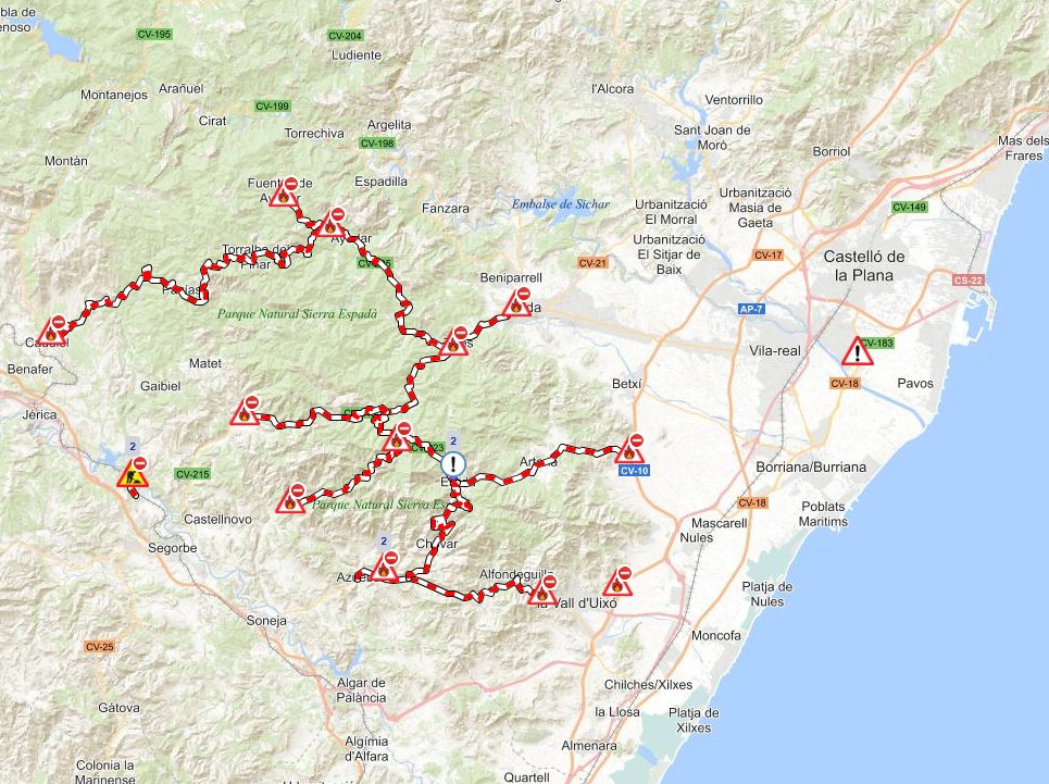 La DGT amplía los cortes de tráfico por el incendio de la Serra d’Espadà
