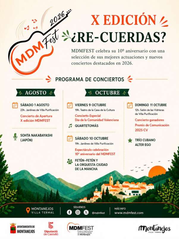 Poster for MDMFest X Edición '¿RE-CUERDAS?' marking 10th anniversary with August/October concerts and featured artists.