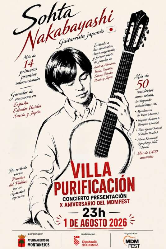 Illustrated concert poster of Japanese guitarist Sohta Nakabayashi playing a guitar, with bold red 'VILLA PURIFICACIÓN' text and event details (Aug 1, 2026)