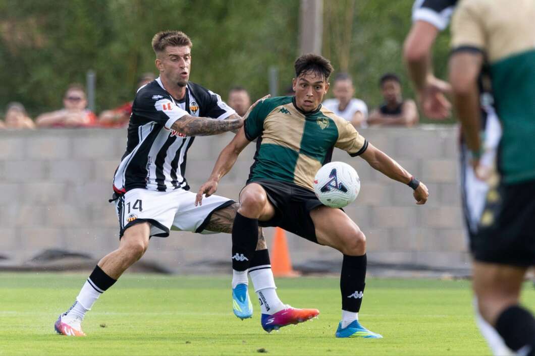 Two soccer players contest the ball on a grassy field, one in green-and-gold and the other in black-and-white stripes, with spectators in the background.