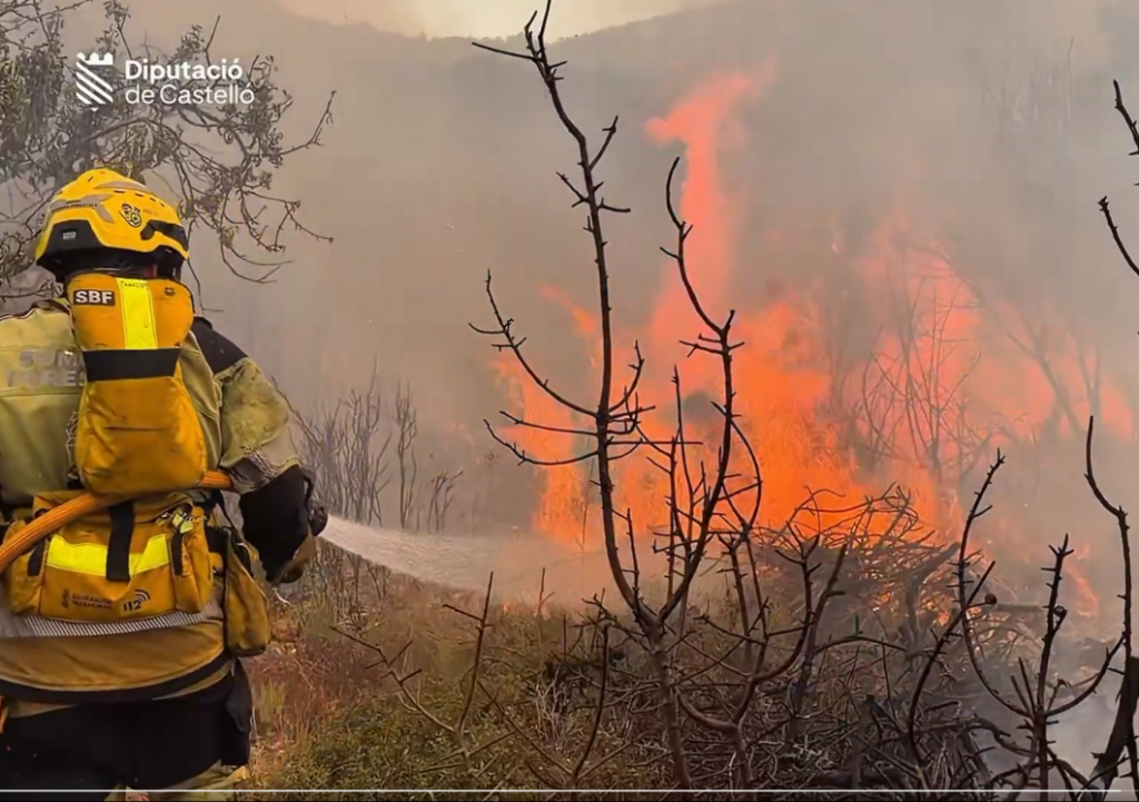 Firefighter in yellow gear spraying water at a rushing brush fire, smoke in the air, Diputació de Castelló logo visible top left.