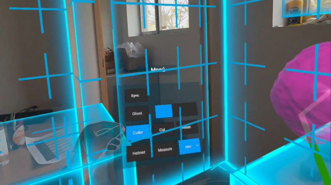 AR holographic control panel floating in a room, with blue grid lines and tiles labeled Cutter, Helmet, Measure.