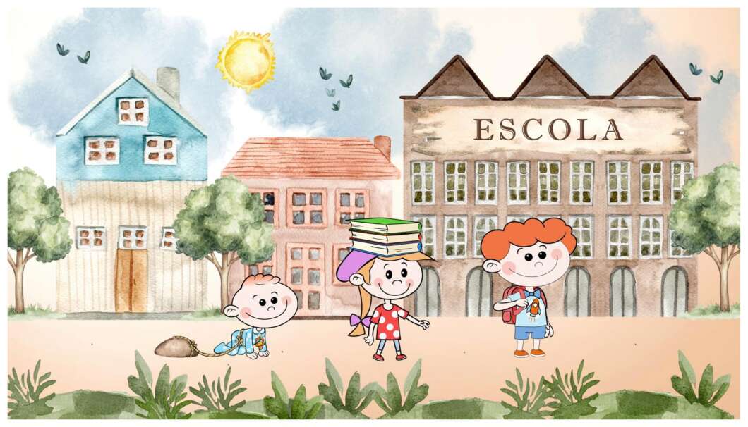 Three children stand in front of a pastel school labeled 'ESCOLA,' with trees, a bright sun, and a blue house in the background.