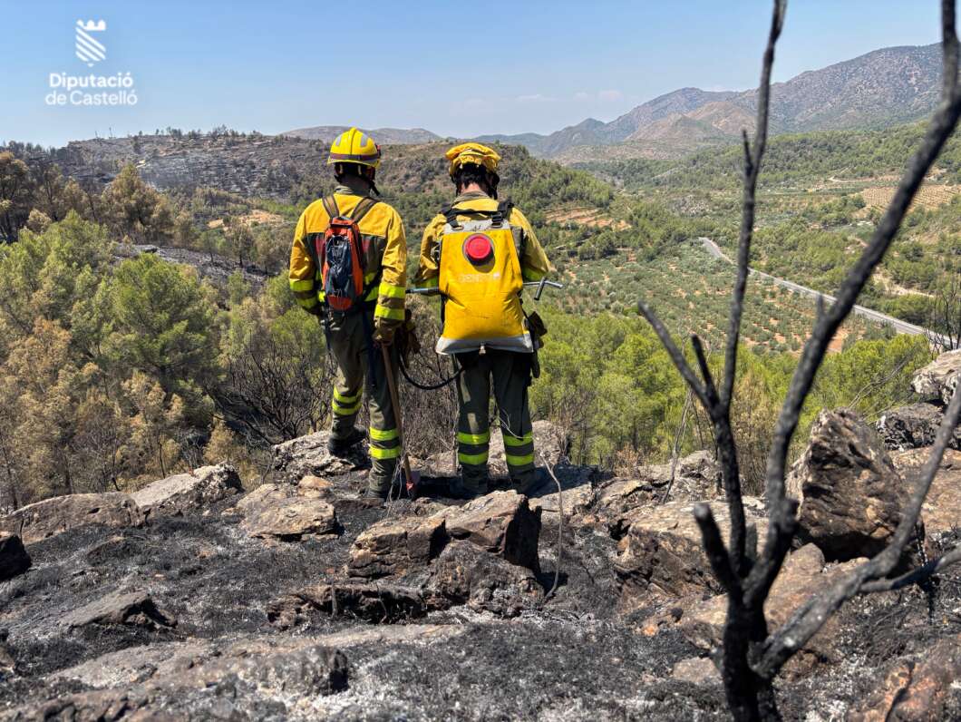 Two firefighters in yellow gear stand on burnt rocky ground, overlooking a hilly valley and mountains in the distance.