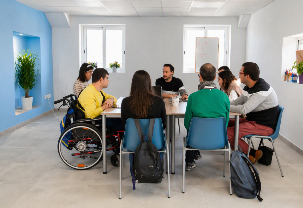Eight people seated around a table in a bright meeting room; one person in a wheelchair participates in the discussion as others take notes and chat.