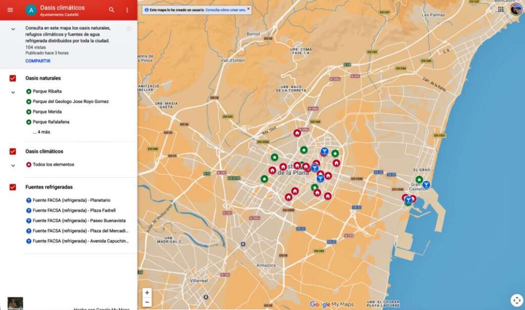 Mapa de los puntos de oasis climáticos en Castellón 2027