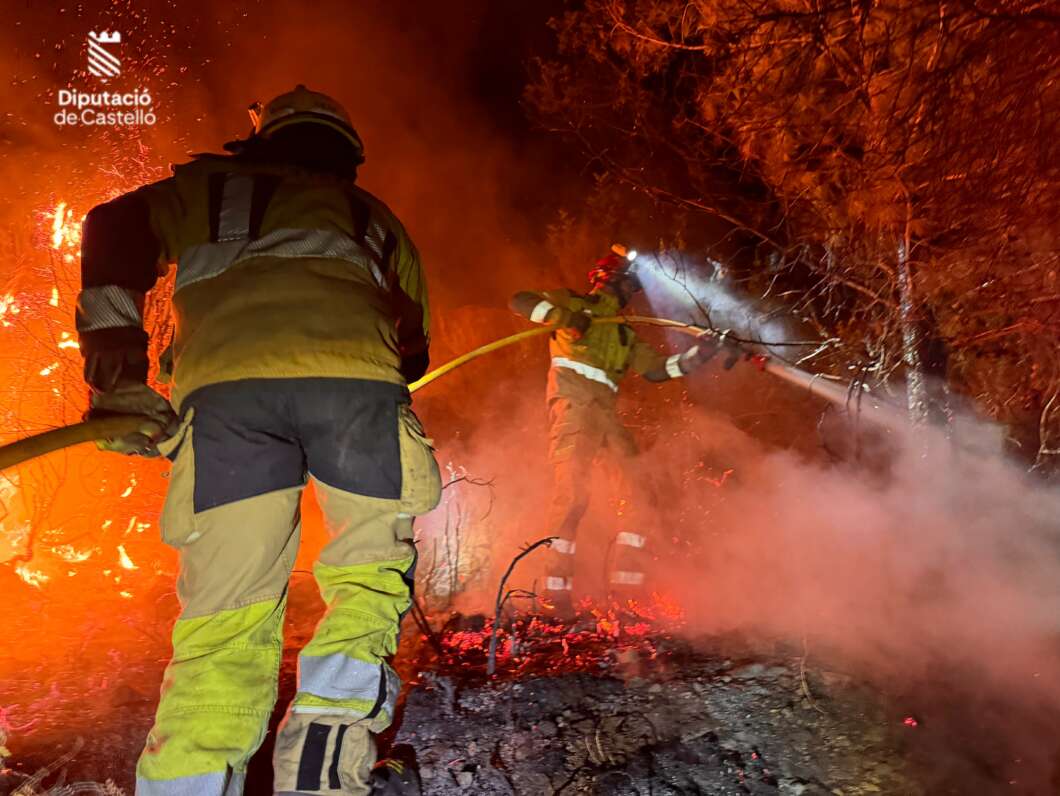 Two firefighters in protective gear battle a forest fire at night, spraying water as flames and thick smoke loom around them.