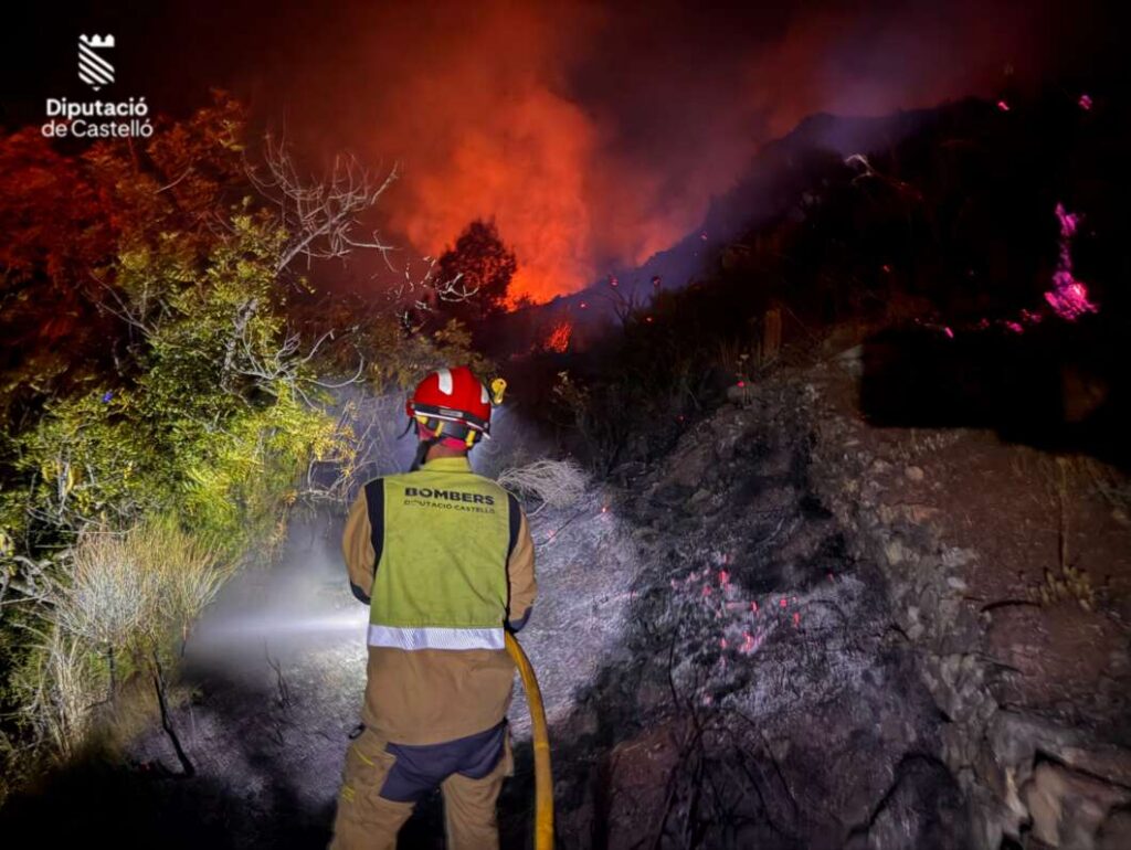 Back view of a firefighter in yellow gear and red helmet standing on a rocky hillside as orange flames rise behind him at night, water spray nearby.