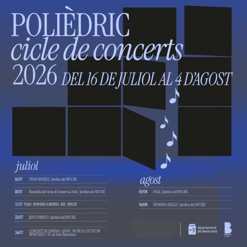 Poster for 2026 Polièdric cicle de concerts, July 16–Aug 4, with July and August schedules and logos.