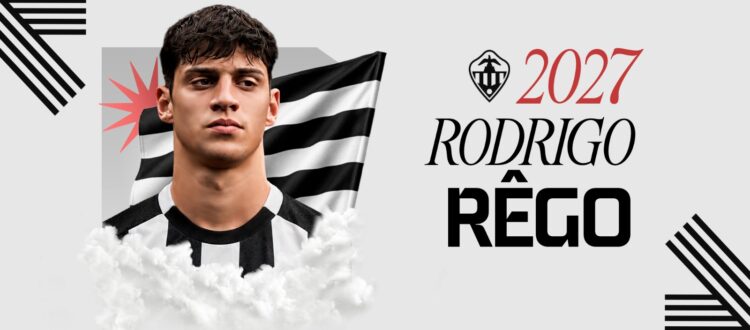 Portrait of a young soccer player in a black-and-white striped jersey with a flag in the background and '2027 Rodrigo Régo' text.