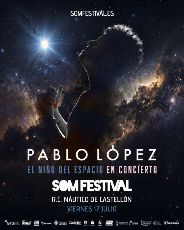 Pablo López concert poster for SomFestival with a silhouette of the artist against a starry space background and festival details below.