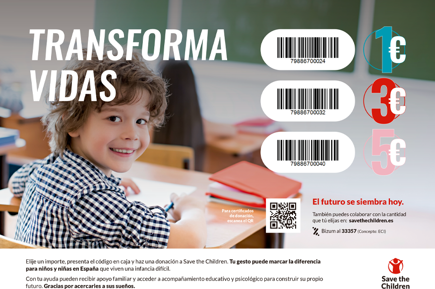 Smiling boy in a classroom beside donation options with barcodes and €1, €3, €5, a QR code, and Save the Children logo.