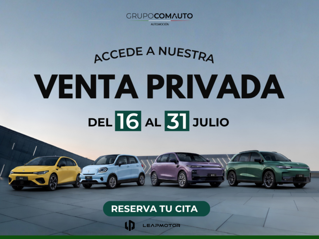 Grupo COMAUTO private sale banner with five colorful cars and a green 'RESERVA TU CITA' button, July 16–31.