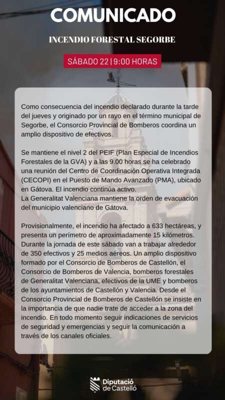 comunicado incendio segorbe sabado agosto